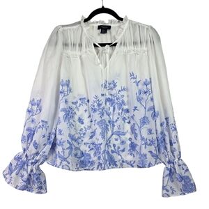 Rachel Roy White Blue Floral Ruffled Balloon Sleeve Blouse